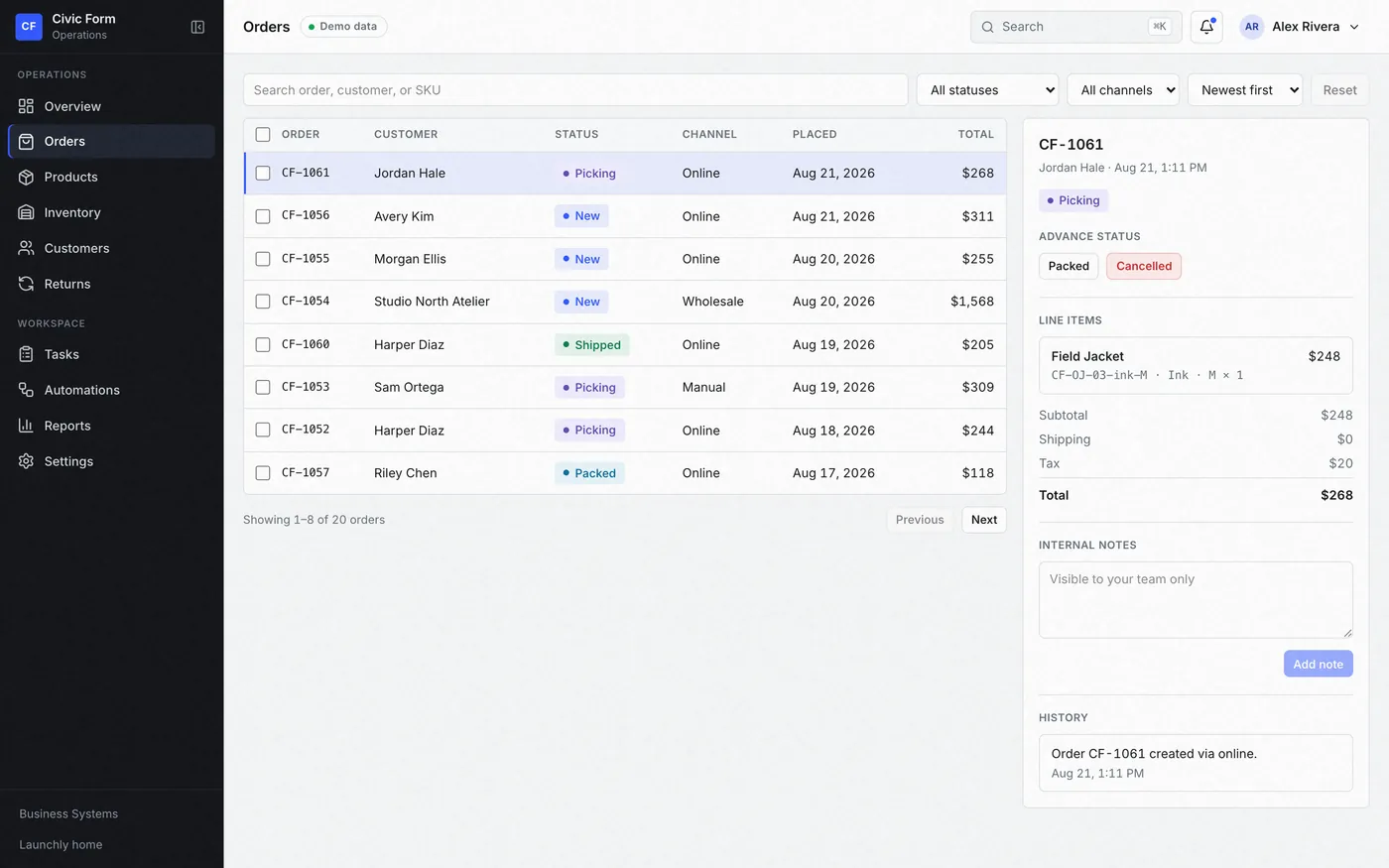 Civic Form Operations orders table with an order detail panel open
